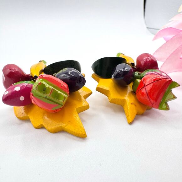 Vintage Huge Fruit Salad Earrings Hand Painted Wood Kitschy Funny Gaudy Wacky - Picture 6 of 12